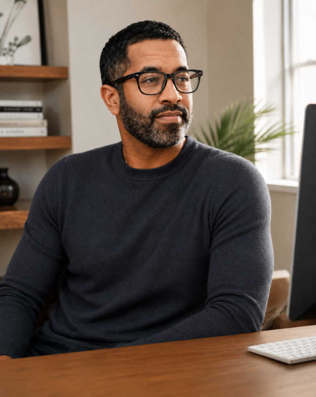 Shawn, founder of Parkland Bookkeeping Solutions, at his desk in a home office